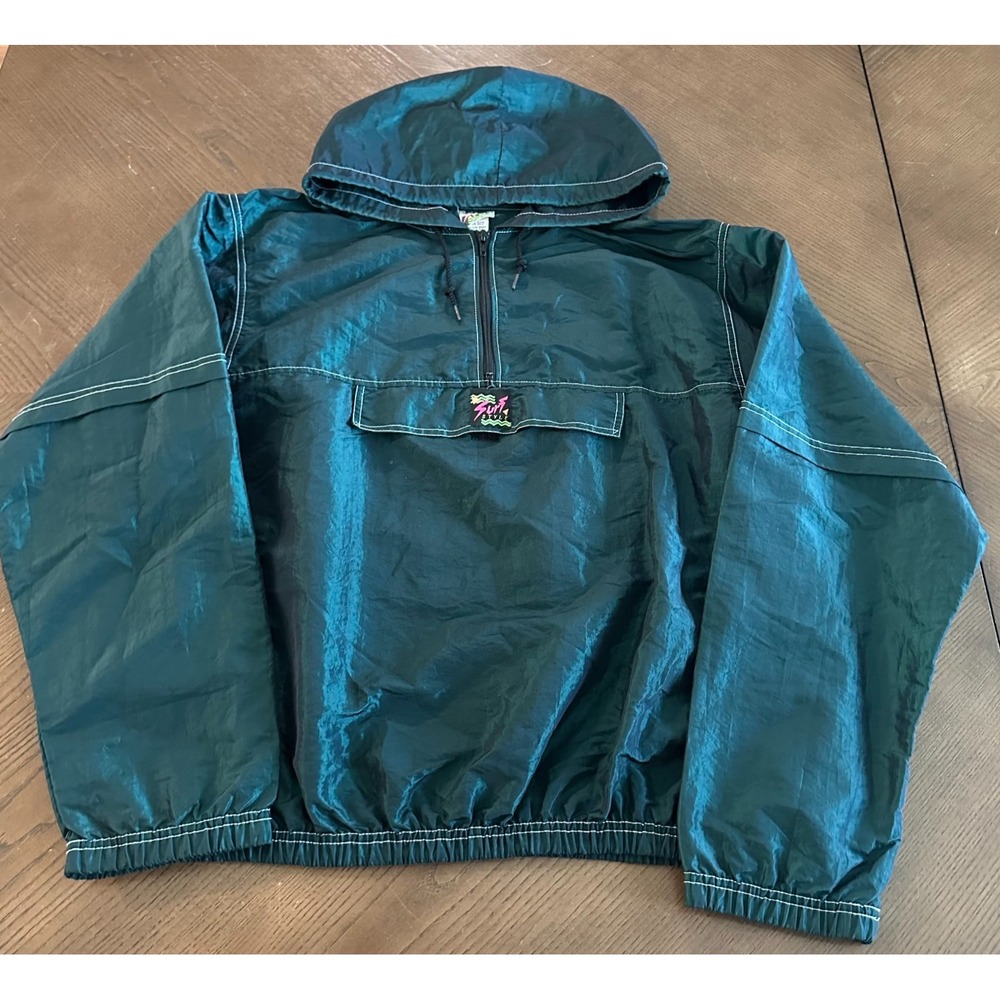 Surf Style Windbreaker Jacket OSFM Green Iridescent Half‎ Zip Pullover Vintage